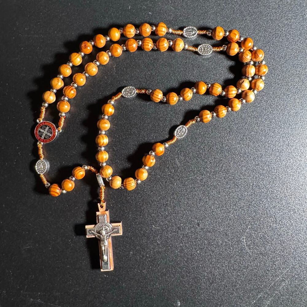 Handcrafted Olive Wood St. Benedict Rosary from Jerusalem Prayer Beads Necklace